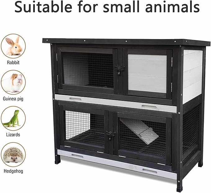 Double Level Solid Wood Rabbit Hutch Small Animal Cage for Rabbits, Guinea Pigs, Hedgehogs & Lizards Indoor/Outdoor– 2-Tier Eco-Friendly Habitat with Bedding Area, Durable & Easy to Clean-PurrikoPets