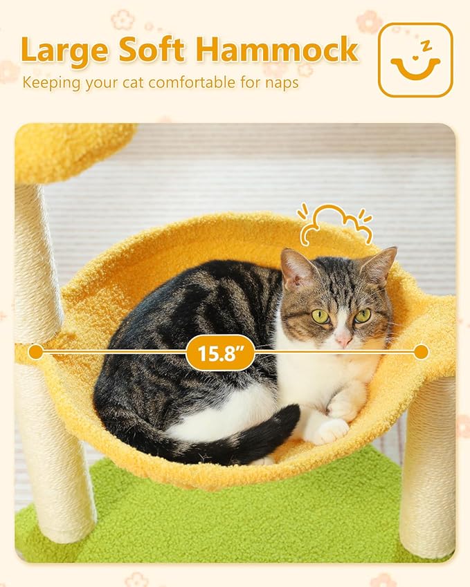 28" Flower Cat Tree Cute with Flower Top Perch, Large Hammock for Indoor Small Cats, Small Cat Tower with Cute Scratching Post and Fur Toy Ball for Kittens, Yellow-PurrikoPets