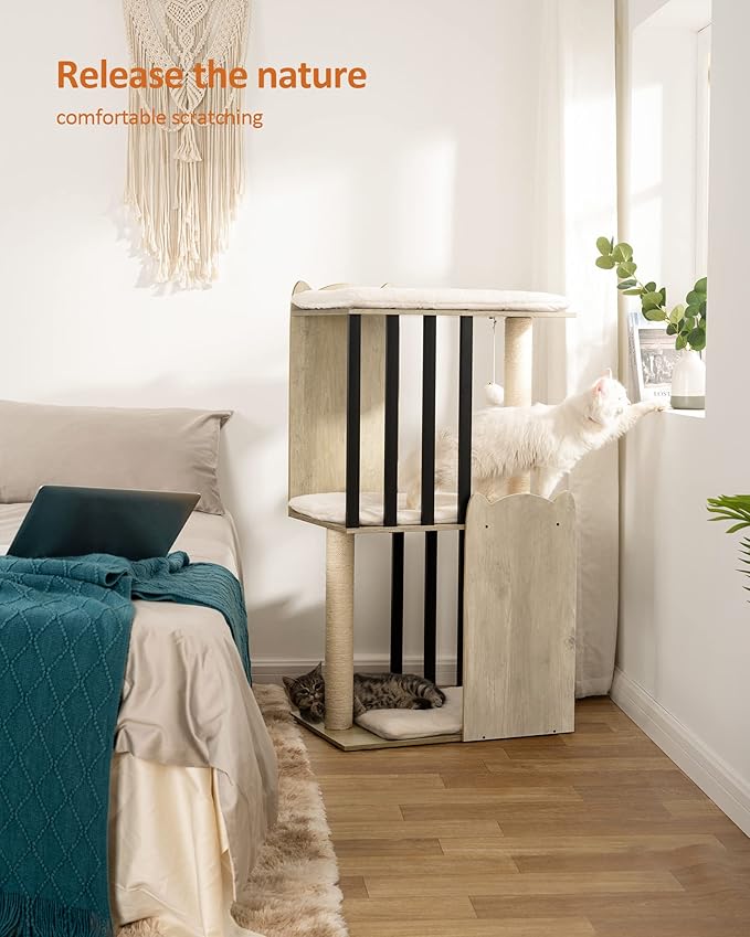 FourFurPets 43.8in 3-Tier Modern Cat Tree Tower Condo, Cat Scratch Posts for Indoor Cats, Big Plate, Two 19.7in Full Sisal Scratching Posts, Greige-PurrikoPets