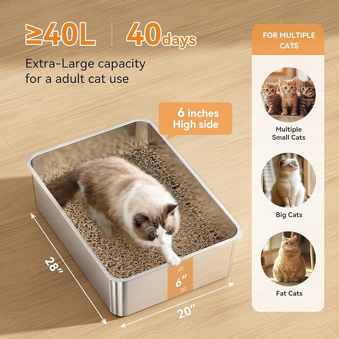2 Pack Cat Pan Giant 28" Extra Large Stainless Steel Cat Litter Pan Metal Cat Litterbox for Big Cats and Multiple Cats, Anti-Leakage, Easy Cleaning-PurrikoPets