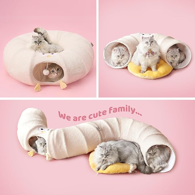 EHEYCIGA Cat Tunnel Bed for Indoor Cats, Cute Cat Donut Toy Tunnel for Small Large Cats with Washable Circle Cushion, Peekaboo Pet Cave Play Tunnel for Kitten, Puppy, Rabbit-PurrikoPets