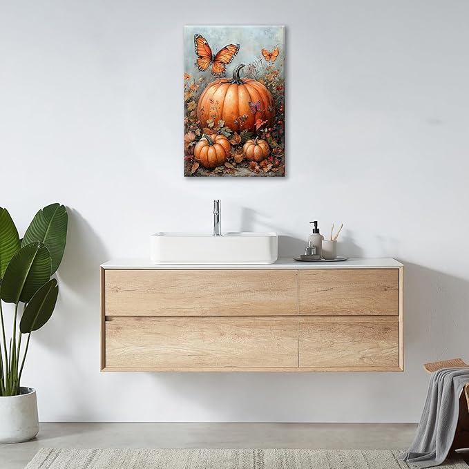 Fall Pumpkin Pictures Wall Art, Rustic Thanksgiving Bathroom Wall Decor, Farmhouse Autumn Butterfly Framed Painting Canvas Artwork for Harvest Gift Bedroom Living Room Decorations 24"L x 16"W-PurrikoPets