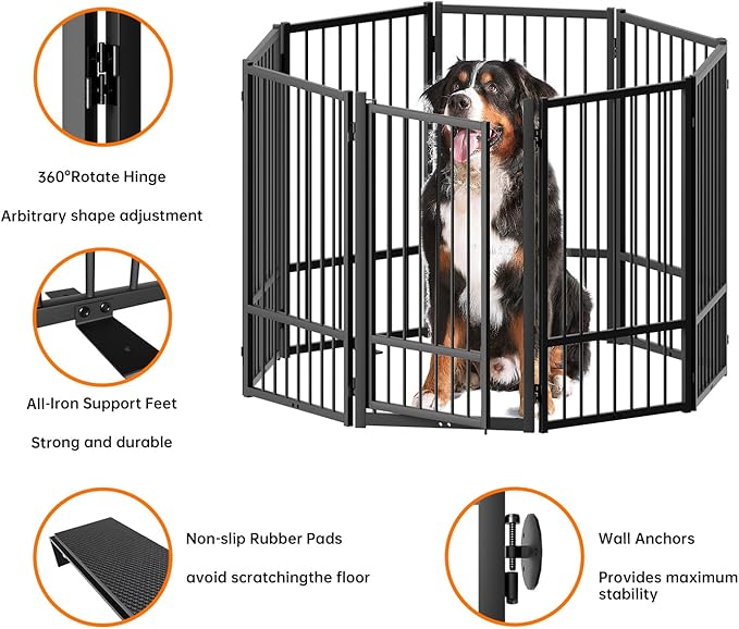 Full Metal Freestanding Dog Gate with Door, 32''Height Foldable Pet Dog Fence for Indoor & Outdoor, 8 Panels Extra Wide Free Standing TallDog Gates for Doorways,House,Stairs,Porch,Deck,Yard-PurrikoPets