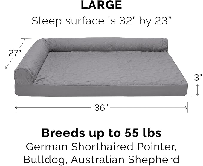 Furhaven Cooling Gel Dog Bed for Large/Medium Dogs w/ Removable Bolsters & Washable Cover, For Dogs Up to 55 lbs - Pinsonic Quilted Paw L Shaped Chaise - Titanium, Large-PurrikoPets