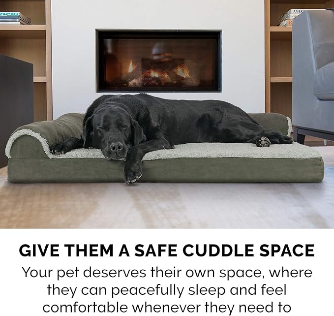 Furhaven Cooling Gel Dog Bed for Large/Medium Dogs w/ Removable Bolsters & Washable Cover, For Dogs Up to 55 lbs - Two-Tone Plush Faux Fur & Suede L Shaped Chaise - Dark Sage, Large-PurrikoPets