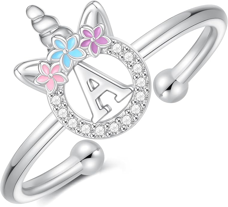 Unicorn Rings Gifts for Girls - Adjustable Initial Ring Dainty Cute Unicorn Rings for Girl Teens Little Girls Jewelry Birthday Gift