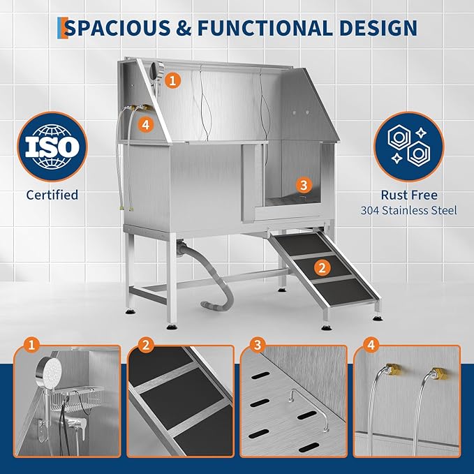 50" Stainless Steel Professional Dog Washing Station - Pet Bathing Tub w/Non-Slip Ramps | Slip-Resistant Floor Grate | for Large/Medium/Small Dogs-PurrikoPets