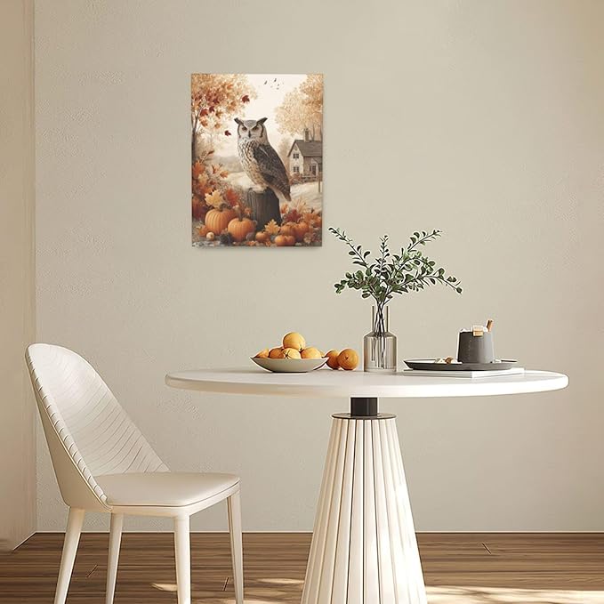 Fall Owl Wall Art Autumn Pumpkin Leaves Wall Decor Rustic Canvas Print Farmhouse Pictures Painting Print Framed Artwork Decorations Gifts for Living Room Bathroom Bedroom Office 12"x16"-PurrikoPets