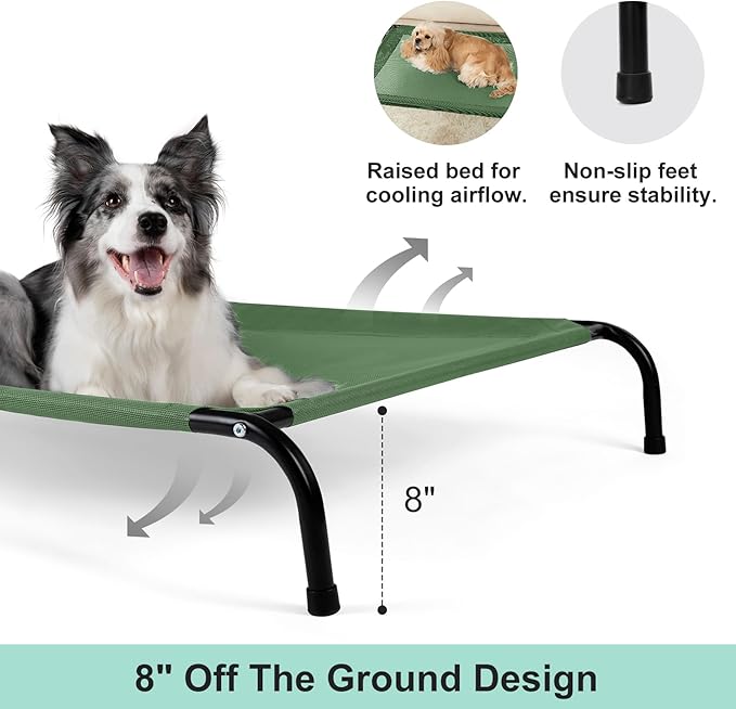 50" Lx35 Wx8 H Cooling Elevated Dog Bed for Large Dogs with Non-Slip Floor Protectors & Breathable Mesh, Raised Indoor & Outdoor Dog Cot Pet Hammock, Green-PurrikoPets