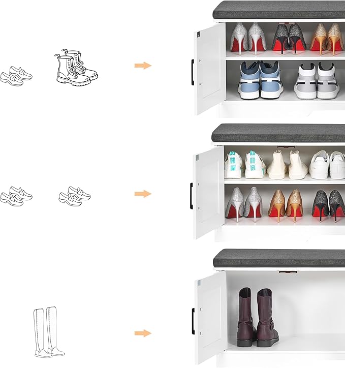 2-Tier Storage Bench, Shoe Bench with Padded Seat Cushion, Entryway Bench with 4 Barn Doors, Adjustable Shelf, 13.8" D x 47.2" W x 17.7" H, for Entryway, Living Room, Bedroom, White-PurrikoPets