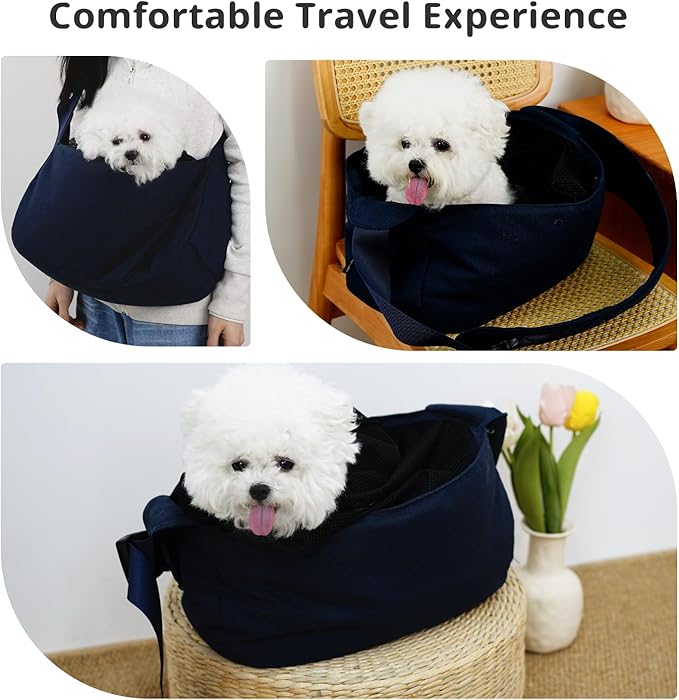 Dog Sling Carrier for Small Dogs and Cats, Lightweight Collapsible Pet Travel Bag with Adjustable Strap, Side Pockets & Breathable Mesh (Navy Blue, 15.7" L x 5.9" W x 8.6" H)-PurrikoPets