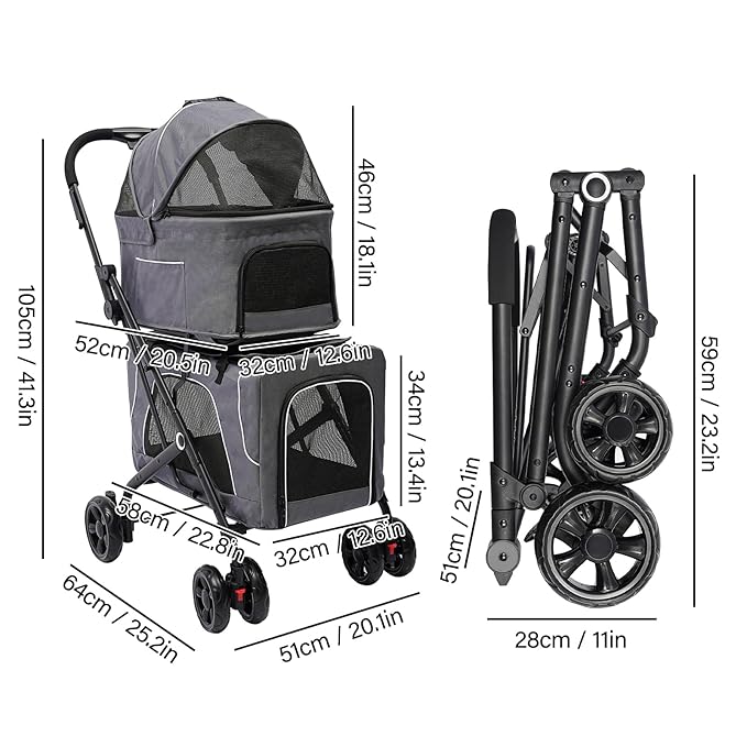 2 Tiers Pet Stroller,4 Wheel Dog Stroller Cat Strollers,3.07lbs Pet Gear Foldable Jogger Travel Cart,Grey Cat Carrying Cart with Storage Basket for Small Medium Pet (Grey)-PurrikoPets