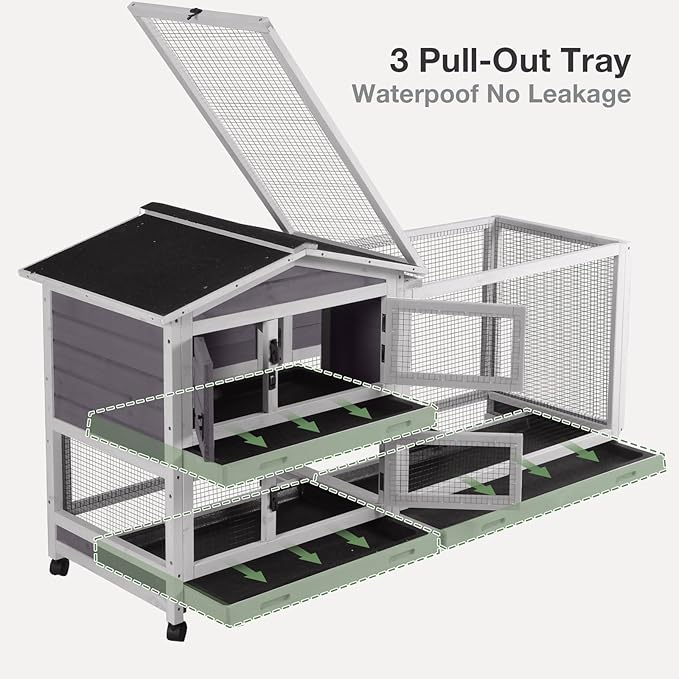 2-Story Indoor Rabbit Hutch with Chew-Proof Outdoor Rabbit Cage with 6 Locking Casters Bunny Cage 2 Pull-Out Trays Guinea Pigs Cage 62"-PurrikoPets