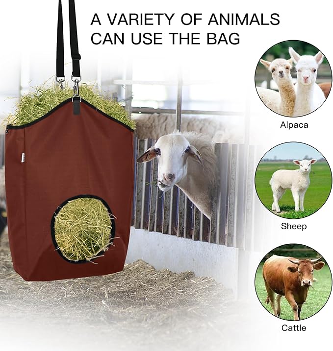 3 Packs Goat Hay Feeder,Hay Bags for Goats,Horses,Sheep,Premium 600D Oxford Cloth,with Metal Fastener and Adjustable Open Feed Hole for Slow Feeding. (2Brown + 1Black)-PurrikoPets