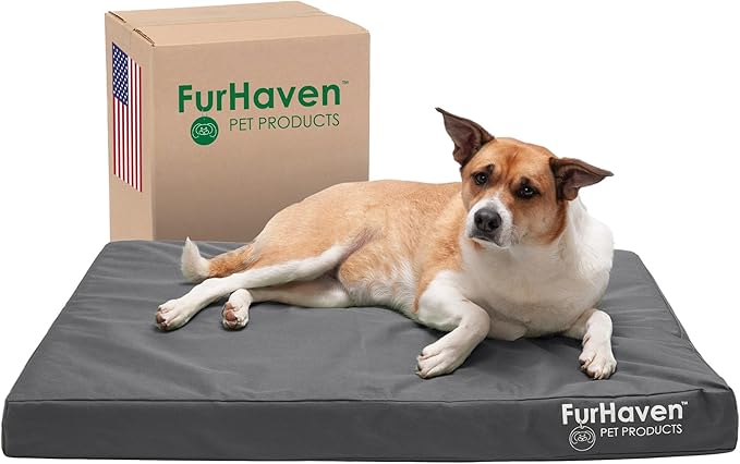 Furhaven Water-Resistant Cooling Gel Dog Bed for Large/Medium Dogs w/ Removable Washable Cover, For Dogs Up to 55 lbs - Indoor/Outdoor Logo Print Oxford Polycanvas Mattress - Stone Gray, Large-PurrikoPets