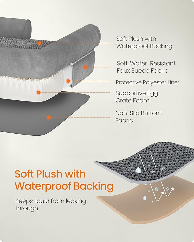 Feandrea Orthopedic Dog Bed, Large Dog Bed Waterproof, Removable Washable Cover Sofa with Non-Slip Bottom, Raised Edges, 36 x 28 x 8 Inches, Light Gray UPGW067G02-PurrikoPets