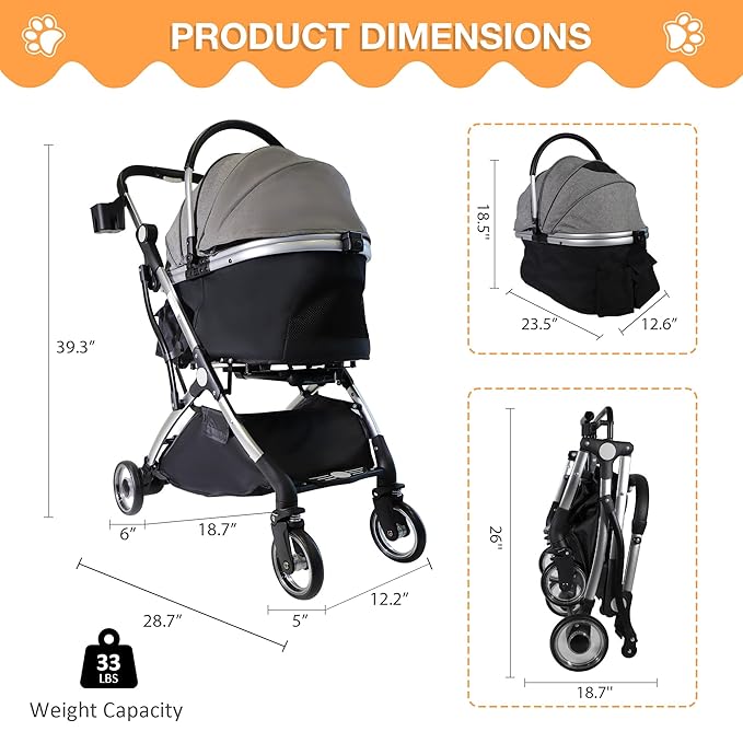 Dog Stroller for Small Medium Dogs, 3 in 1 Folding Pet Stroller Up to 33 lbs, 4 Wheels Pet Strolling Cart with Zipperless Entry, Cat Dog Travel Carrier with Telescopic Handle and Storage Basket-PurrikoPets
