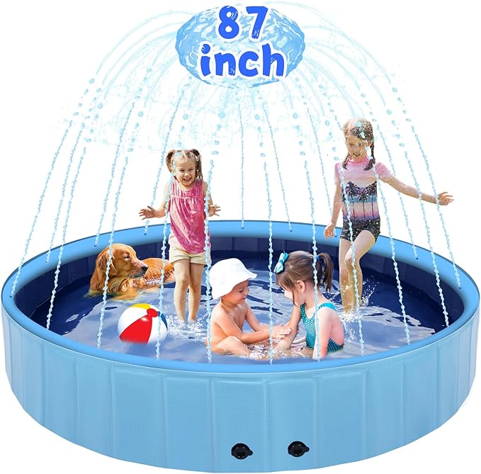 87" Large Dog Pool with Sprinkler, 2-in-1 Foldable Swimming Pool Non-Slip Hard Plastic Splash Sprinkler Kiddie Pool for Outdoor Backyard Kids Dogs Ducks and Pet Baths-PurrikoPets