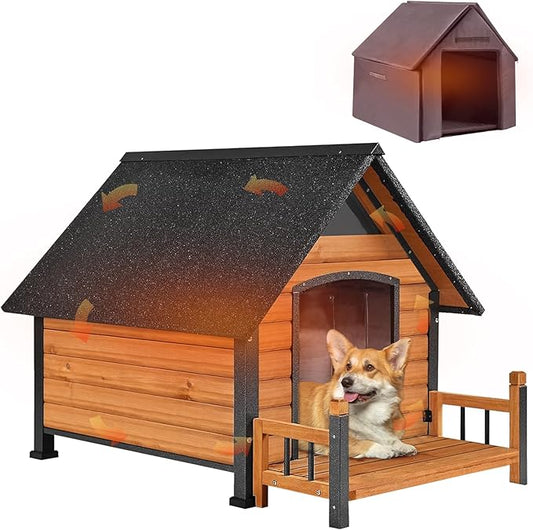 AIVITUVIN Outdoor Dog House with Anti-Chewing Iron Surround Insulated Liner Dog Kennel for Large Breed Dog Shelter Weatherproof (Brown 50.9" D x 37.4" W x 37.2" H)-PurrikoPets