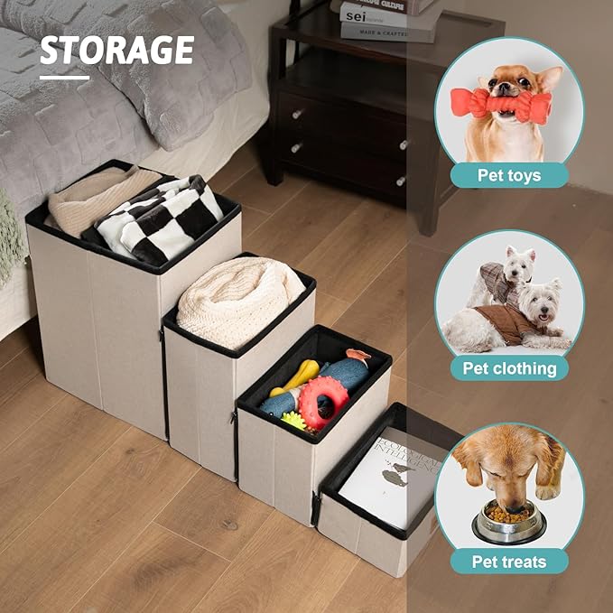 Dog Stair for Small Dogs with Storage, 21" H Foldable Pet Step with Soft Cover, Older Cat Ramp for High Bed or Car, Lightweight, Comfort, 39.7x13x21.2 inch, 5 Tiers, Beige-PurrikoPets