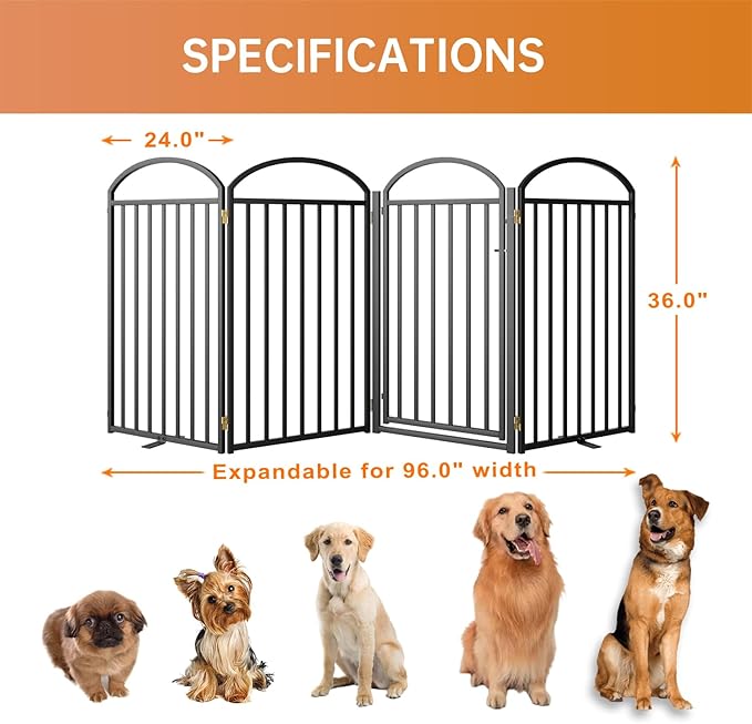 4 Panles Full Matel Freestanding Dog Gates with Door, 96"Extra Wide 36"Tall Free Standing Dog Pet Gate for Indoor & Outdoor. Foldable Pet Fences for Doorways, House, Stairs, Porch, Deck, Yard-PurrikoPets
