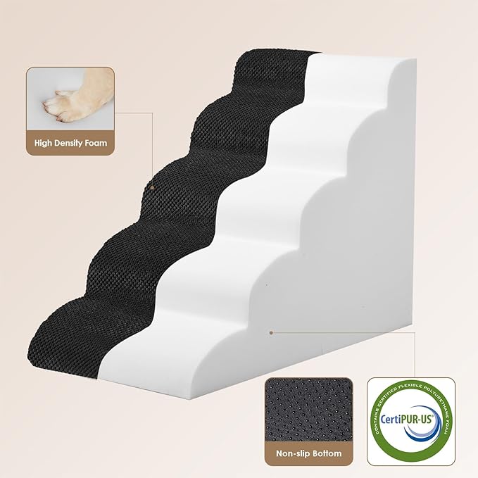 EHEYCIGA Curved Dog Stairs Ramp for High Beds 22.6" H, 5-Step Dog Steps for Small Dogs and Cats, Pet Stairs for High Bed Climbing, Non-Slip Balanced Pet Step Indoor, Black-PurrikoPets