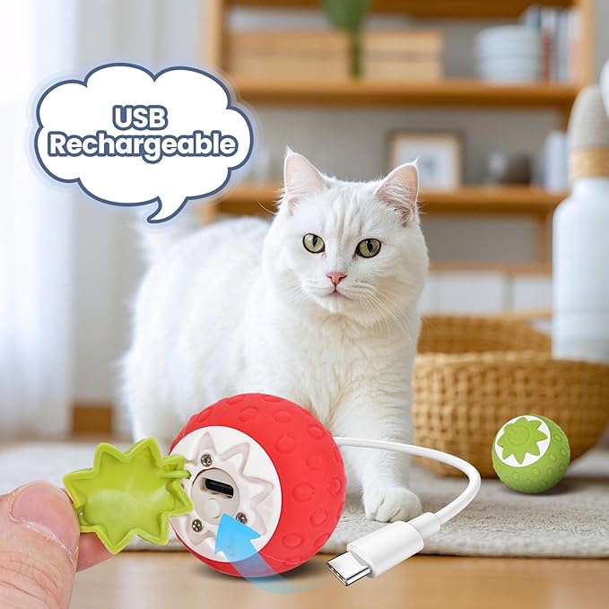 2Pcs Self-Moving Electric Cat Toy Ball with LED - Automatic Interactive Cat Toys for Indoor Cats, Smart Strawberry Design Stimulates Hunting Instincts, Boredom Relief & Exercise for Solo Play-PurrikoPets