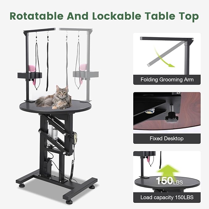 Electric Hydraulic Lift Pet Dog Grooming Table, 24Inch 360° Rotating Grooming Desktop for Small Dogs, with Overhead Arm, Wireless Remote, Tool Organizer, Black-PurrikoPets