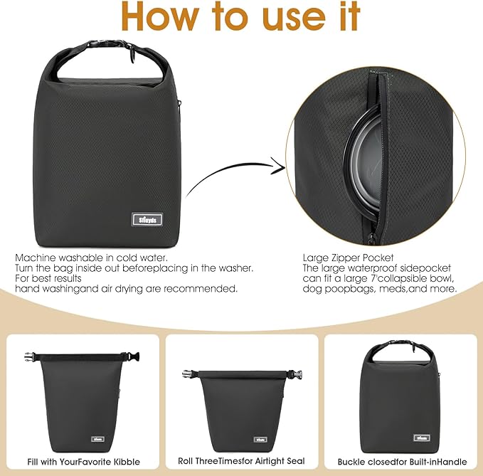 Dog Food Travel Bag,40-Cup Pet Food Storage Containers with 2PCS Collapsible Dog Travel Bowls,Waterproof Kibble Storage Container(Black, Large)-PurrikoPets