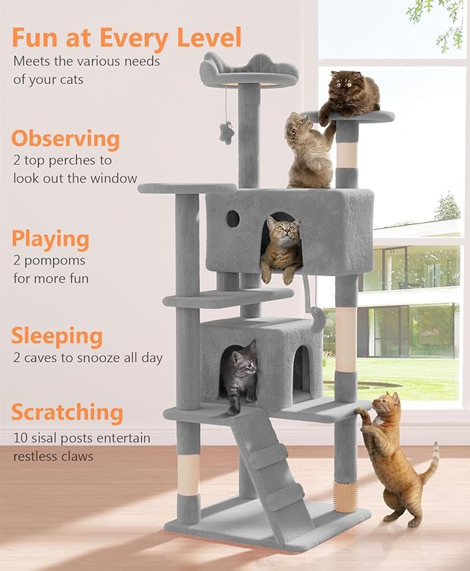 60'' Cat tree Tower for Indoor Cats Large Adult,Cute/Tall Modern Cat Tree for Big Cats 20 lbs,Plush Multi-Level Cat Condo with Scratching Posts,Dangling Ball for fun play(Light Gray, 60 inch)-PurrikoPets