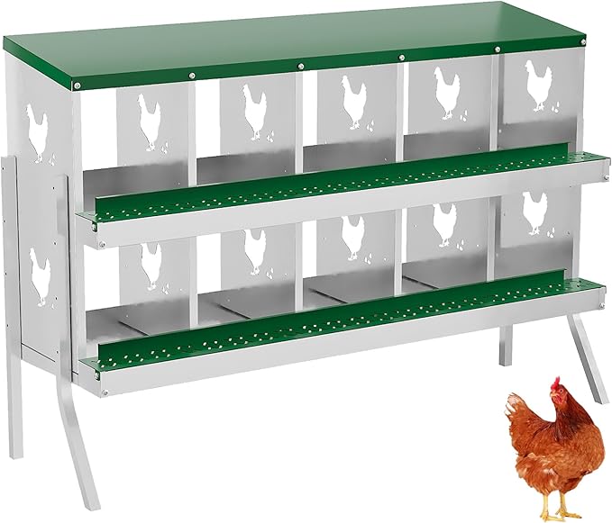 10 Hole Chicken Nesting Box with Roll Out Egg Tray, Rustproof & Ventilated Chicken Laying Boxes for Hens, Chickens, Ducks | Easy-Clean Poultry Coop Accessories, Green with Stand-PurrikoPets