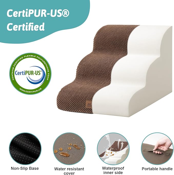 Dog Stairs for Small Dogs 15.7" H, Curved Dog Step for Puppy, Older Cat, Medium Pet Ramp for Sofa, Couch or Chair, Ladder with High Density Foam, 15.7x22.4x15.7 inch, 3 Step, Brown-PurrikoPets