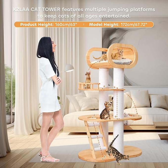63.6'' Modern Cat Tree Indoor, Solid Wood Cat Tree with Scratching Post for Multi-Cat Families, Tall Cat Tower with Auxiliary Stairs, Huge Condo for Large Cats-PurrikoPets