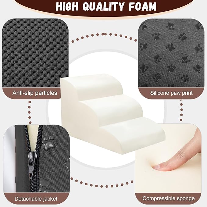Dog Stairs for Small Dogs - High Density Foam Pet Steps, Extra Wide Dog Ramp with Non-Slip Bottom for High Beds, Couch and Sofa, Best for Dogs Injured, Older Doggy Cats,3 Steps, Black-PurrikoPets