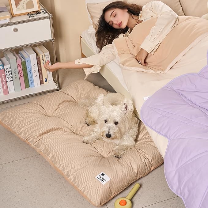 FUNNY FUZZY 2 in 1 Dog Bed Crate Pad Mat, Washable Reversible Pet Floor Mats,Fluffy Kennel Pad for Small Large Sized Dog,Indoor Cats,Sleeping Mattress, 41.7" × 28.3", Beige-PurrikoPets