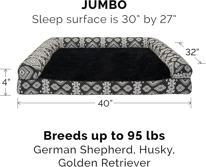 Furhaven Orthopedic Dog Bed for Large Dogs w/ Removable Bolsters & Washable Cover, For Dogs Up to 95 lbs - Plush & Southwest Kilim Woven Decor Sofa - Black Medallion, Jumbo/XL-PurrikoPets