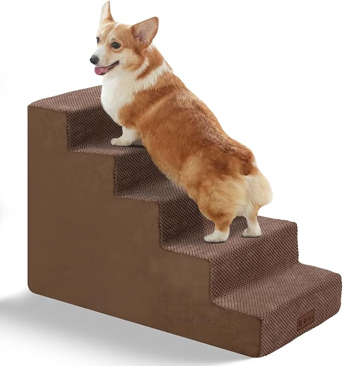 GGIB Dog Stairs for Small Dogs Cats Non-Slip Dog Steps for High Bed Pet Stairs for Sofa Couch Pet Ramp Pet Steps with Removable Washable Cover, Brown, 22" H, 5-Step-PurrikoPets