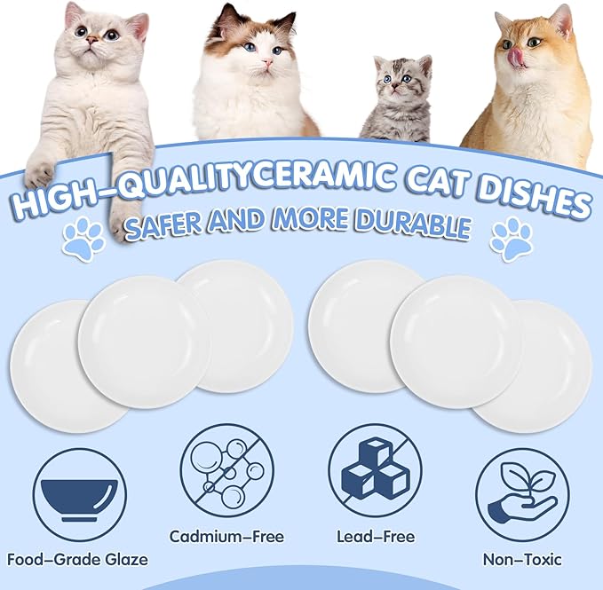 6 Pack Cat Food Bowl, Ceramic Cat Bowls, Anti Whisker Fatigue Cats Bowl,5.5 Inches Shallow Wide Kitten Plates for Food and Water (White)-PurrikoPets