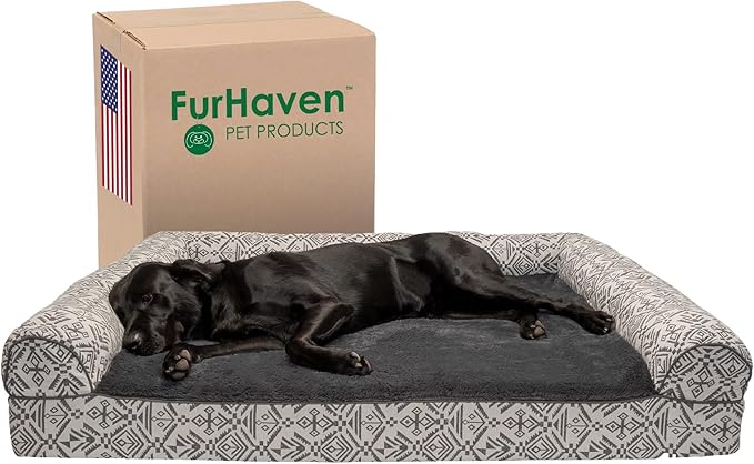 Furhaven Orthopedic Dog Bed for Large Dogs w/ Removable Bolsters & Washable Cover, For Dogs Up to 125 lbs - Plush & Southwest Kilim Woven Decor Sofa - Boulder Gray, Jumbo Plus/XXL-PurrikoPets