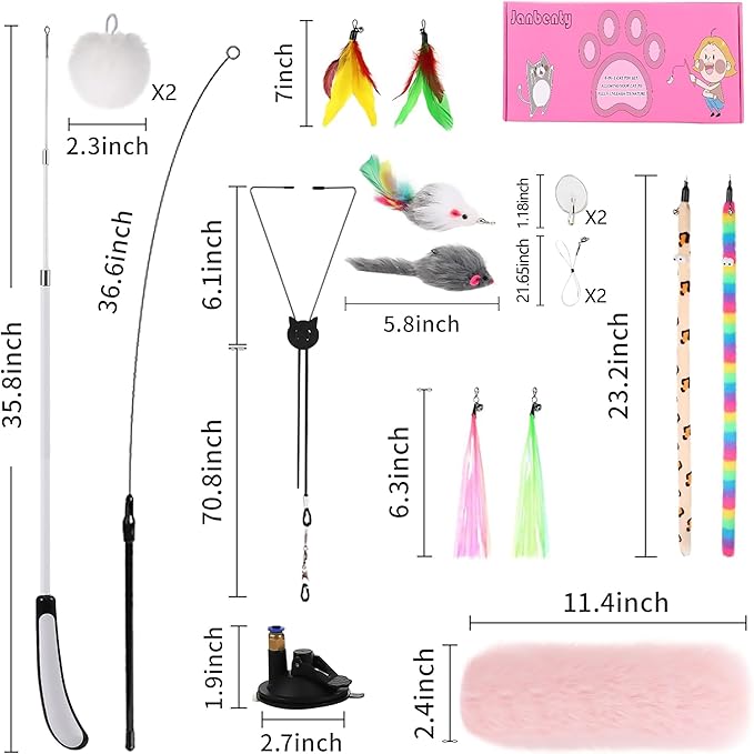 4-in-1 Interactive Cat Feather Toys with Durable Retractable Fishing Pole, Enhanced Suction Cup Toy, Door Hanging Teaser Toy and 11 Attachments Replacements for Bored Indoor Adult Cats-PurrikoPets