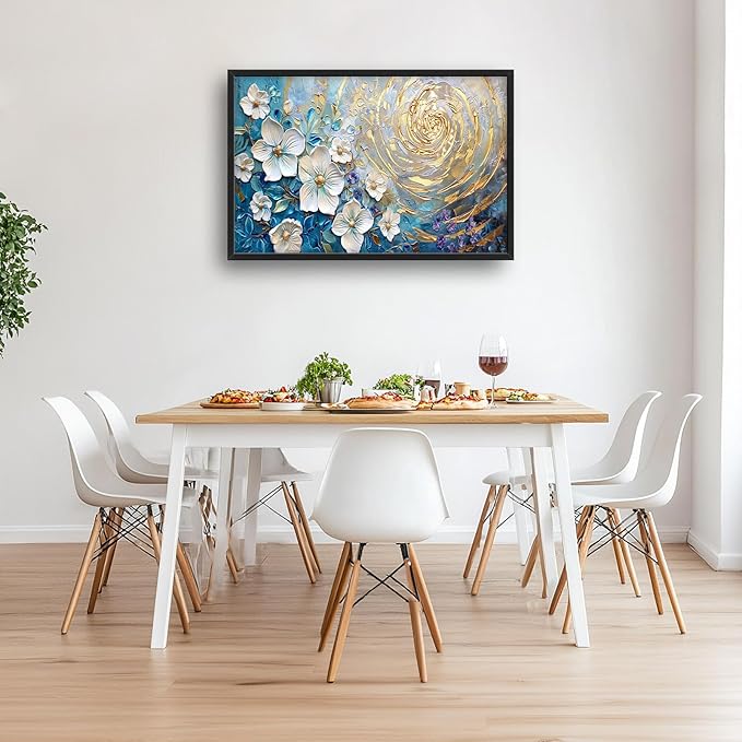 Flower Large Wall Art White Floral Pictures Abstract Golden Spiral Texture Wall Decor Canvas Print Painting Artwork for Bathroom Living Room Bedroom 36L" x 24W"-PurrikoPets