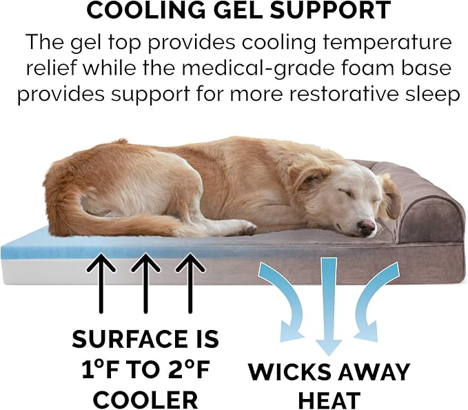 Furhaven Cooling Gel Dog Bed for Large Dogs w/ Removable Bolsters & Washable Cover, For Dogs Up to 125 lbs - Faux Fur & Velvet Sofa - Driftwood Brown, Jumbo Plus/XXL-PurrikoPets