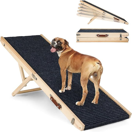 Folding Dog Ramp Safety for Bed, Wooden 5 Adjustable Height Pet Ramps, Potable Dog Steps with Non-Slip Traction Mat, Dog Step, Dogs Stairs for SUV Car, Couch, Safe,Height Bed(47.3 Inch Long)-PurrikoPets