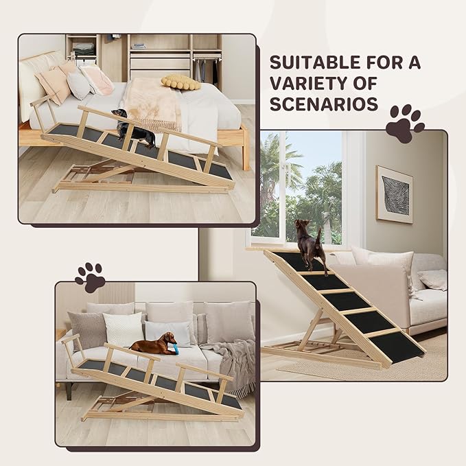 Dog Ramp for Bed PANTAZO Adjustable Ramps for Small Dogs to Get on Bed, Up to 28.5 Inches, 48'' Long,120lbs with Anti-Slip Grip & Safety Rail-PurrikoPets