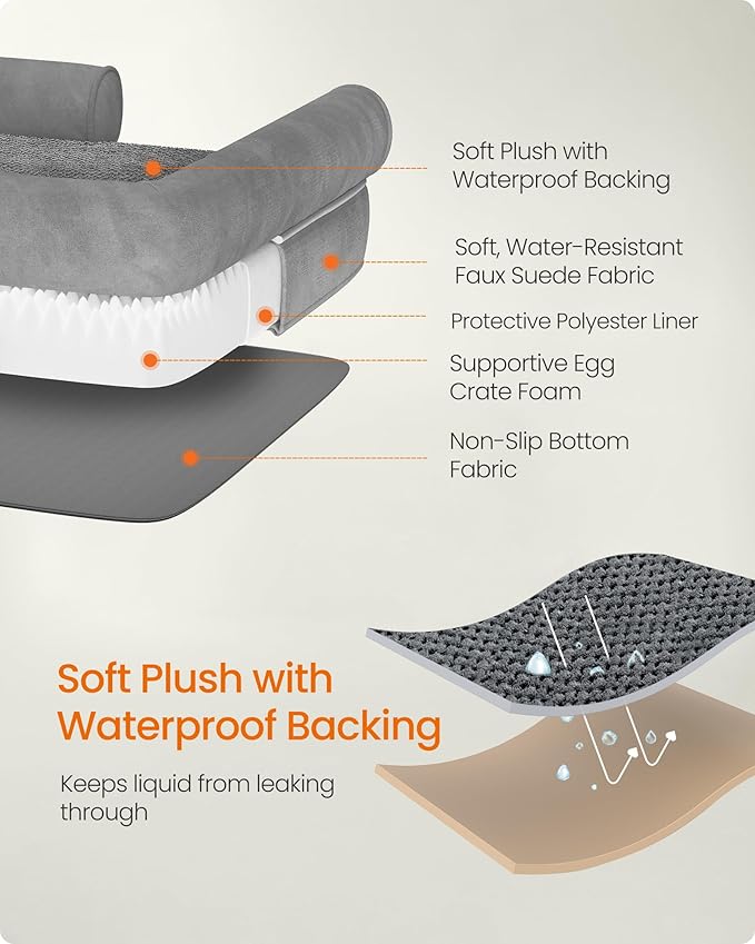 Feandrea Dog Bed, Orthopedic Large Waterproof Bed, Removable Washable Cover Dog Sofa with Non-Slip Bottom, Raised Edges, 42 x 32 x 8 Inches, Light Gray UPGW077G02V1-PurrikoPets