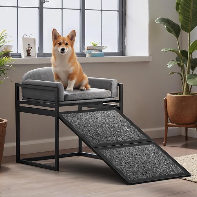 Dog Ramp Doggie Stairs with Seat Mate,Puppy Chair Get on High Bed Couch Office Window Perch,Non Slip Dachshunds Foldable Ladder,Pet Doggy Step for Small Old Dogs,Chihuahua Cat Platform Grey-PurrikoPets