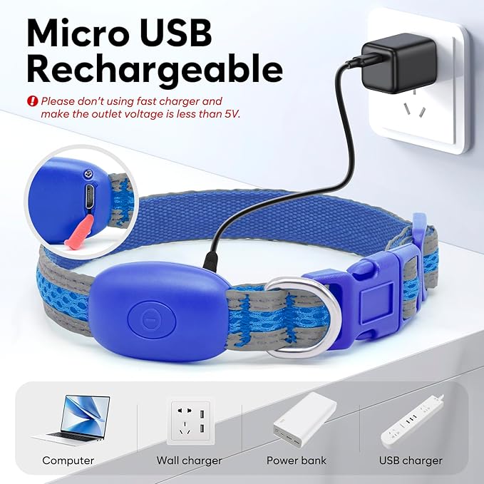 Flashseen LED Cat Collar,Light Up Dog Collar Rechargeable, Dog Lights for Night Walking, Comfortable Soft Mesh Pet Collar Adjustable for Cats Puppy and Small Dogs(Blue, XS)-PurrikoPets