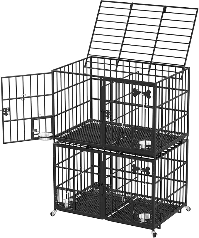 aboxoo 48 inch Stackable Heavy Duty Metal Dog Crate for 4 Dogs/Large Dog,All Metal Open Top Access,Escape Proof Cage,Dog Kennel Indoor with Wheels,Floor Grid, Tray, Divider and Feeding Bowl-PurrikoPets