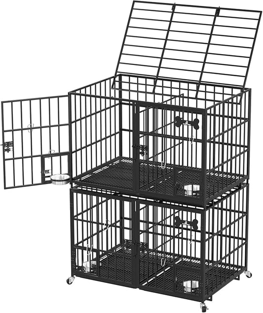 aboxoo 48 inch Stackable Heavy Duty Metal Dog Crate for 4 Dogs/Large Dog,All Metal Open Top Access,Escape Proof Cage,Dog Kennel Indoor with Wheels,Floor Grid, Tray, Divider and Feeding Bowl-PurrikoPets