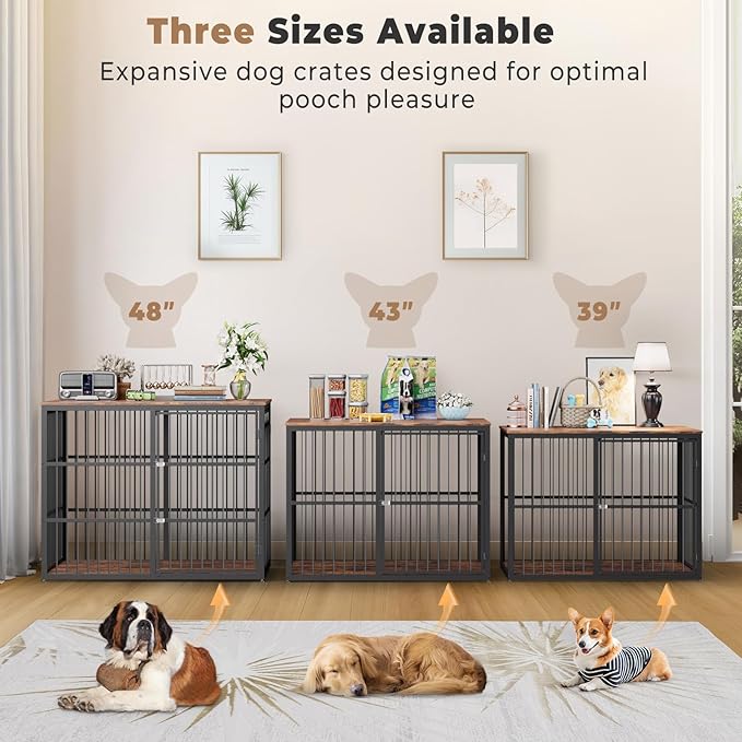 48'' XXL Dog Crate Furniture with 3 Doors,Wooden Crate End Table Heavy Duty Indoor Combination Cage for Medium to Large Dogs, Multiple Units Can be Combined-PurrikoPets